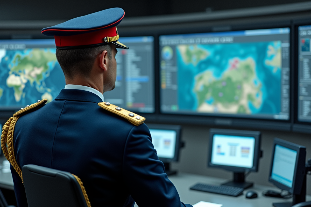 Officier français en uniforme décoré analysant une carte stratégique