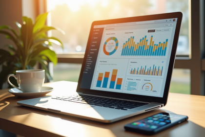 Ordinateur portable avec tableau de bord analytics et graphiques