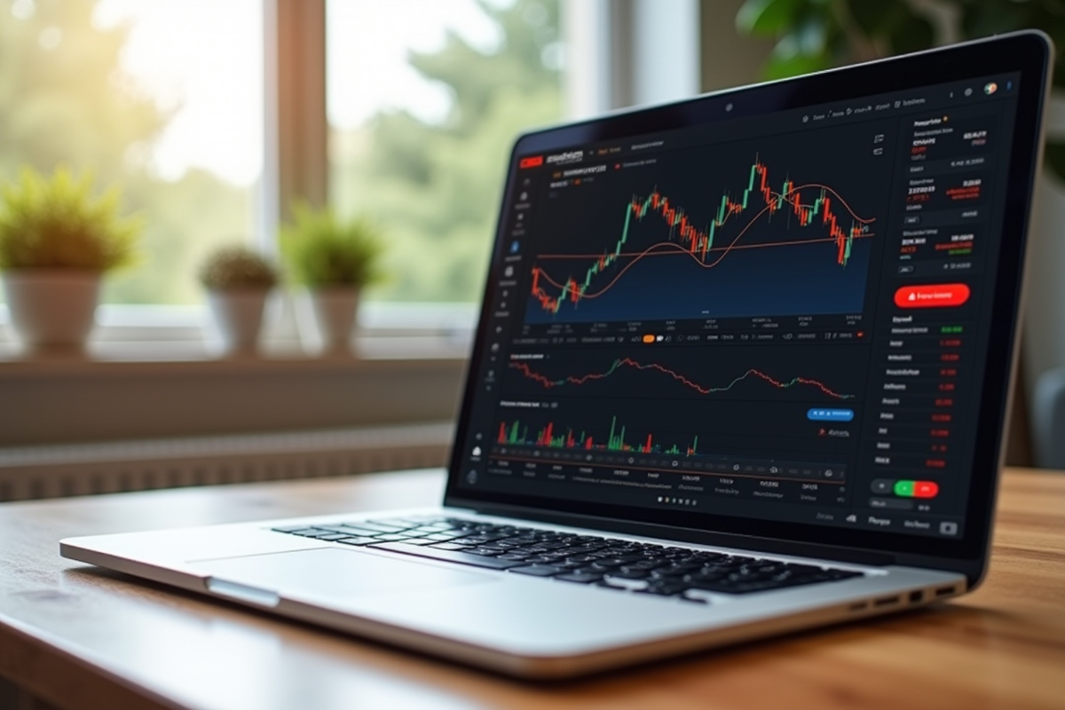 Ordinateur portable sur une table en bois avec plateforme de trading crypto