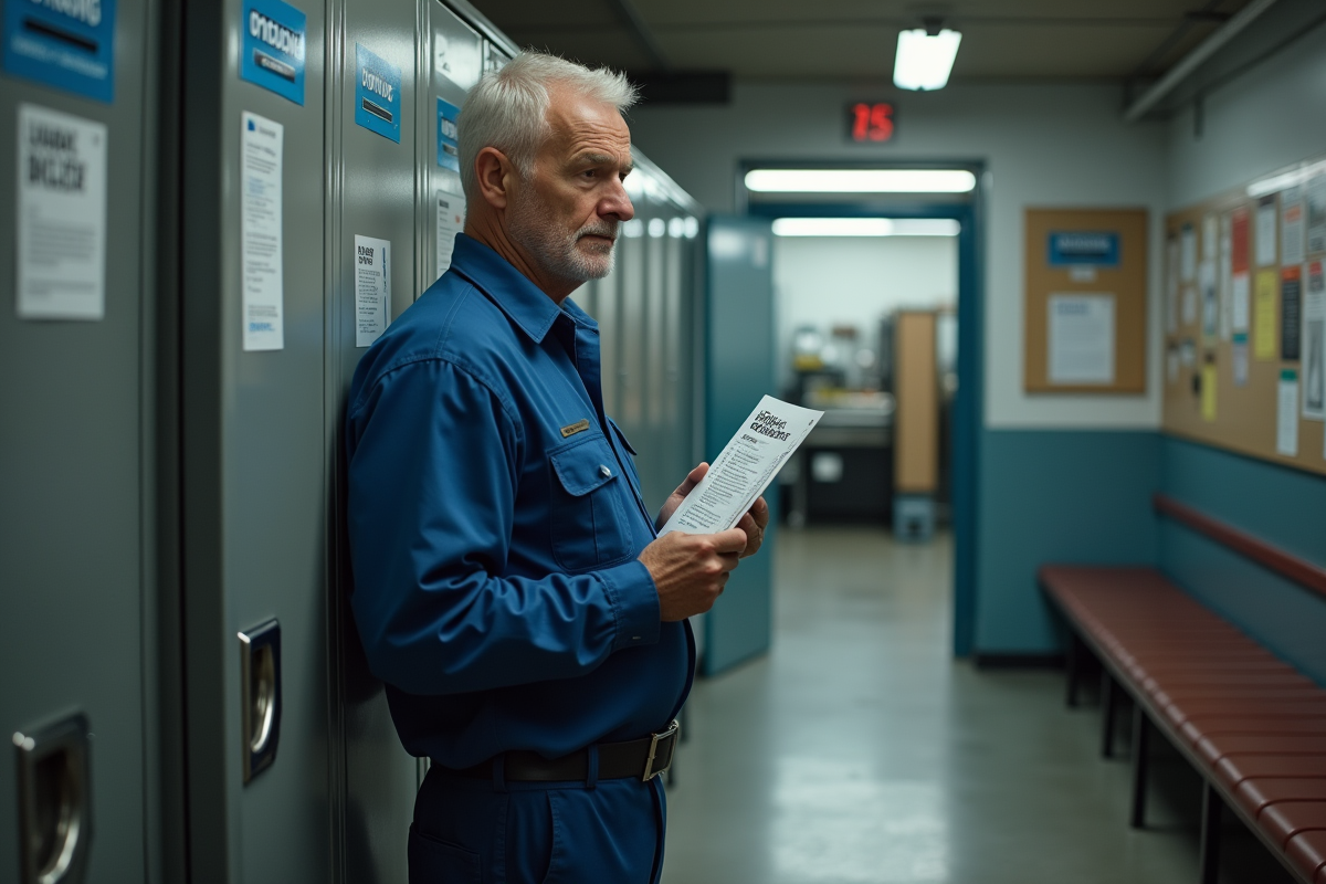 Ouvrier en uniforme tenant un pamphlet dans une salle de pause