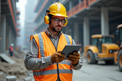 Ouvrier de construction vérifiant une tablette sur un chantier