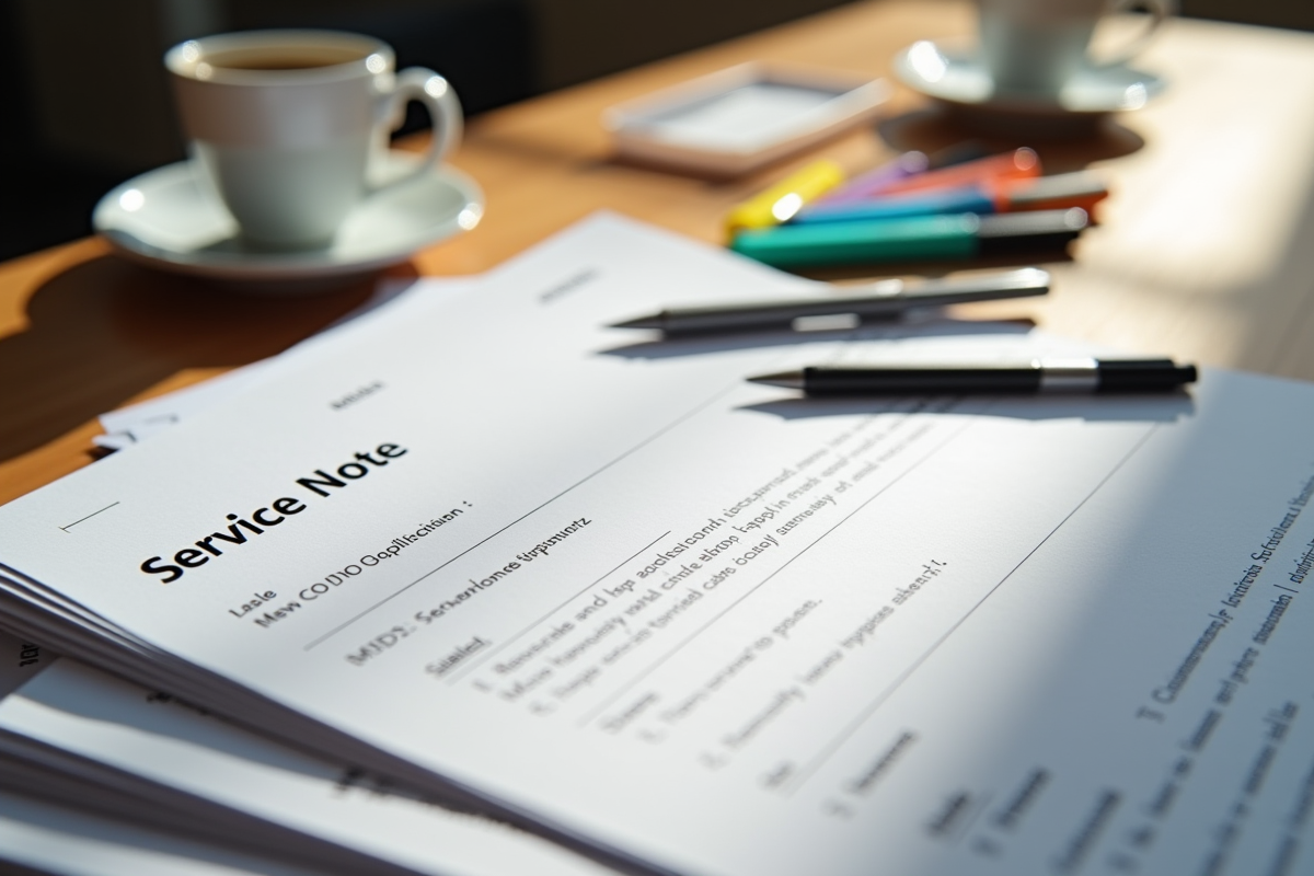 Piles de papiers etiquettes service note et circular sur une table en bois