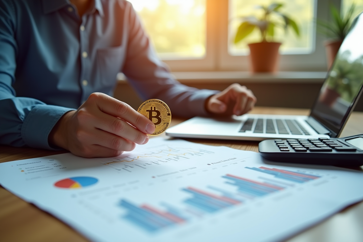 Personne avec bitcoin et documents fiscaux dans un bureau moderne