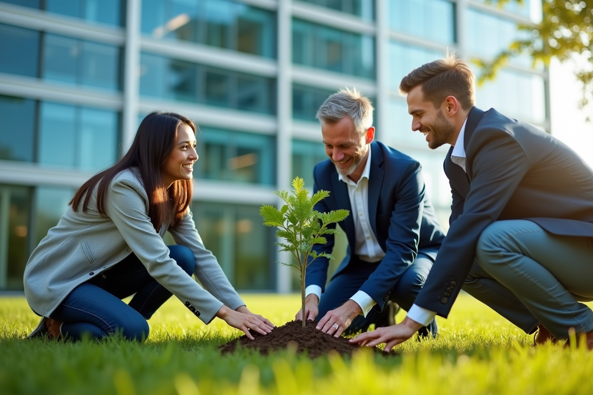 Manager HR plantant un arbre avec collègues en extérieur ensoleille