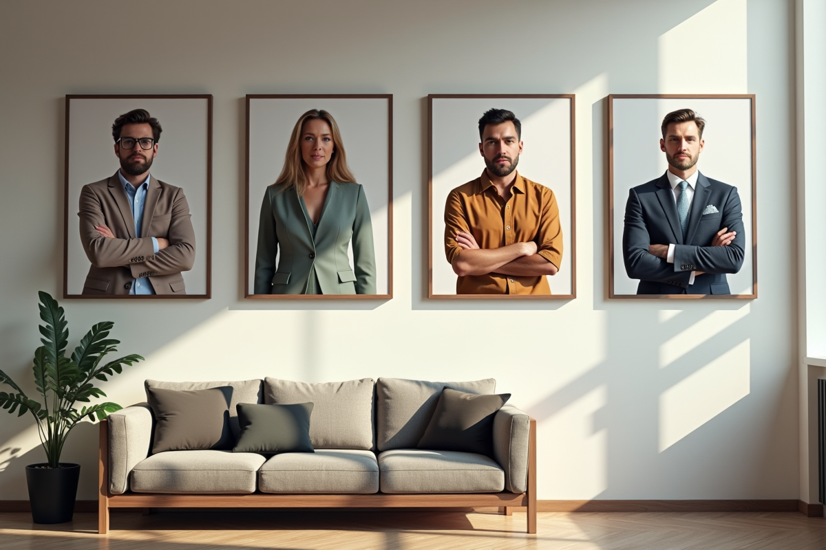 Mur avec quatre portraits de managers dans un espace lumineux