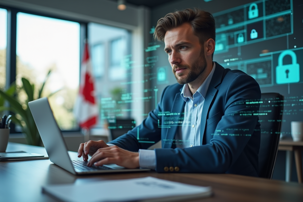 Professionnel confiant travaillant sur un ordinateur dans un bureau moderne avec icônes de sécurité