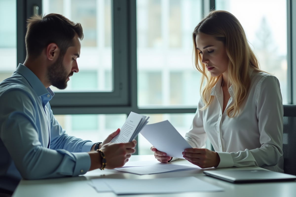 Deux professionnels en bureau lumineux discutent d'un document