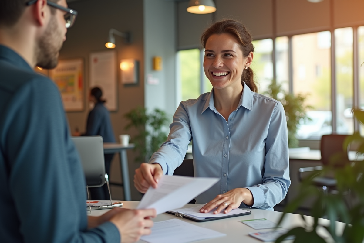 Travailleur indépendant remettant un formulaire à la réception en France