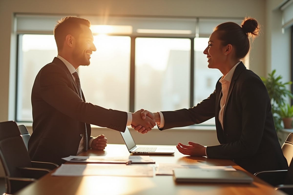 Professionnel d'affaires serrant la main d'un client dans un bureau lumineux