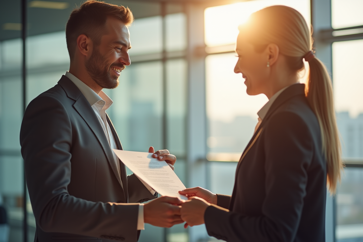Professionnel confiant remettant une lettre de démission à son manager dans un bureau lumineux