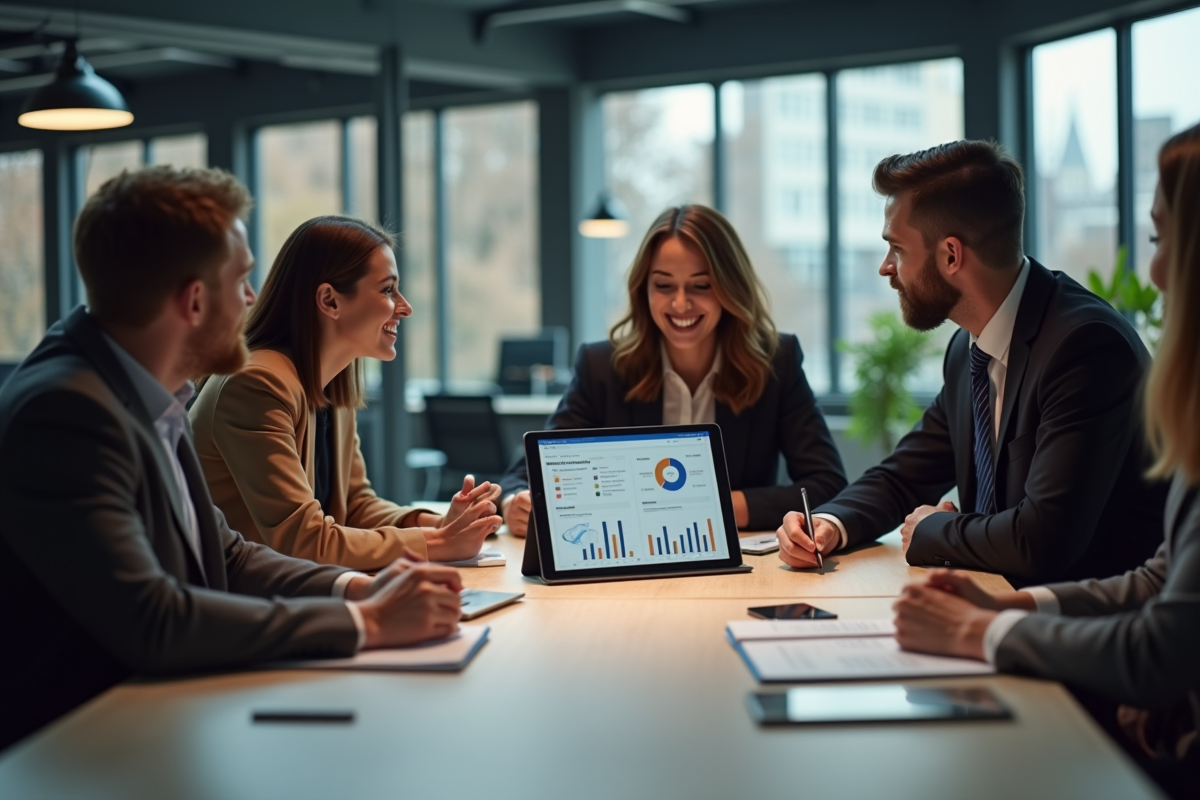 Equipe en réunion discutant stratégie de vente en ligne