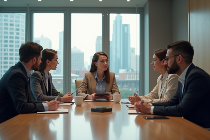 Groupe de professionnels en réunion de travail moderne