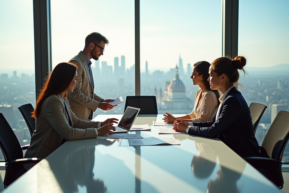 Groupe de professionnels marketing en discussion dans une salle lumineuse