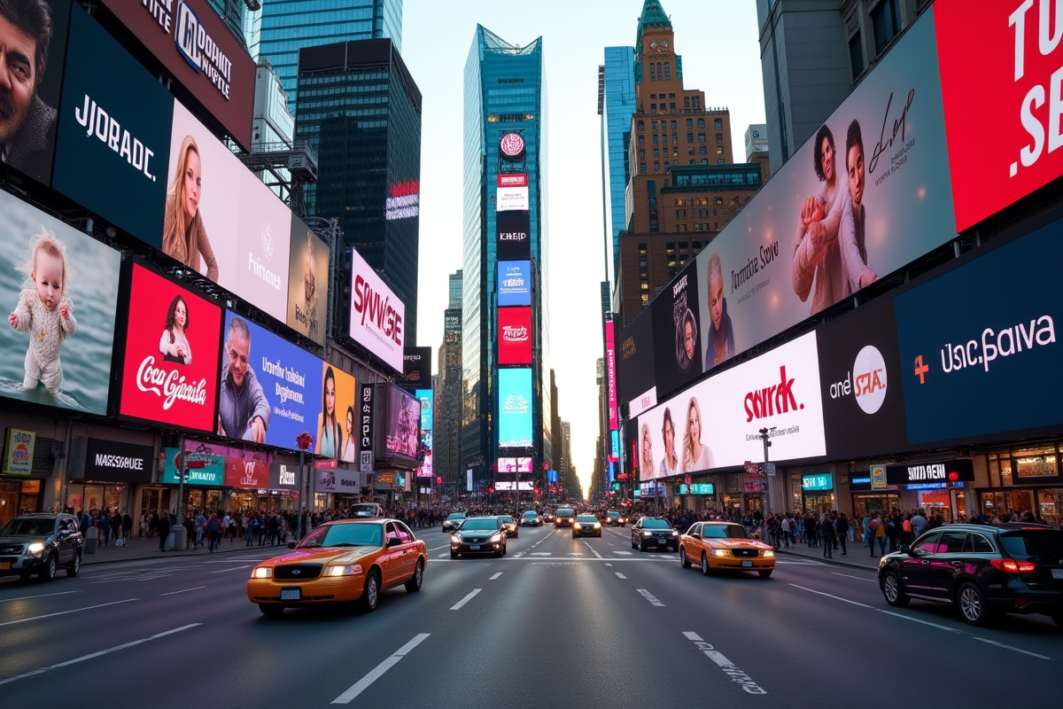 Rue animée avec panneaux publicitaires numériques en ville