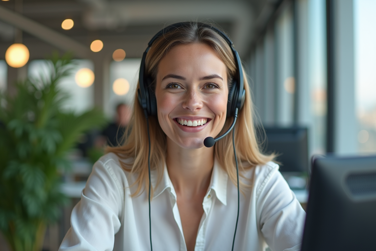 Représentant service client souriant au téléphone dans un bureau lumineux