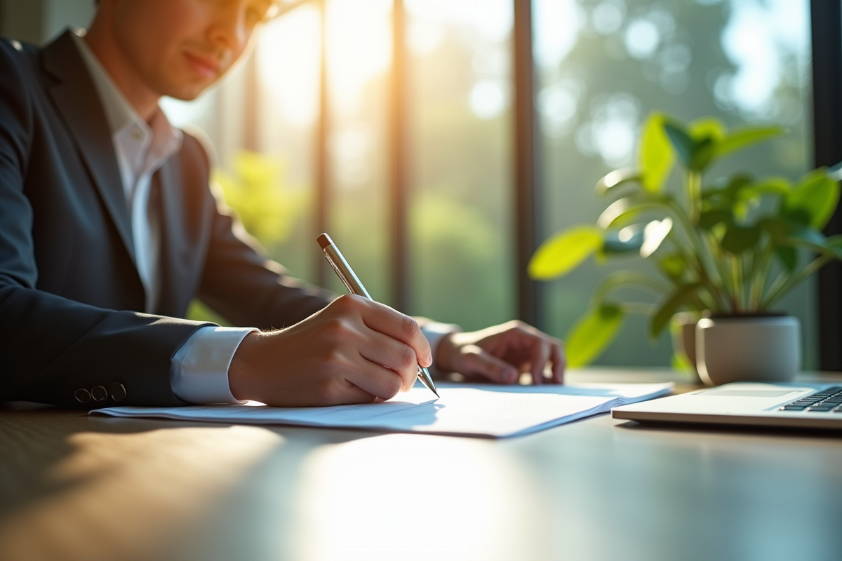 Un professionnel signe des documents environnementaux dans un bureau moderne