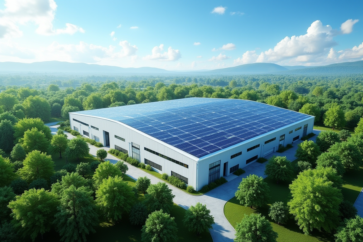 Une usine avec panneaux solaires et paysage vert autour