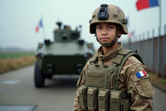 Jeune soldat français en uniforme camouflage avec véhicule blindé