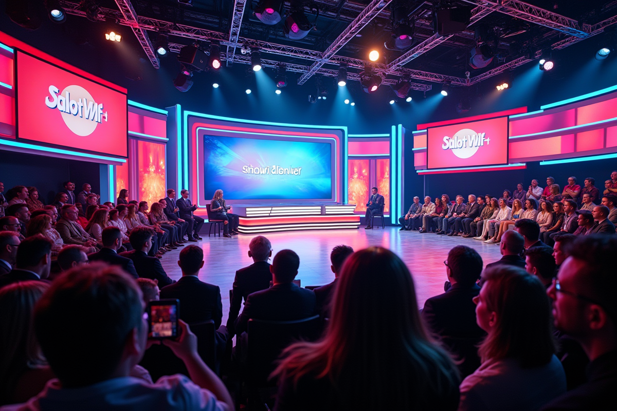 Studio de télévision en direct avec caméramans et public dynamique