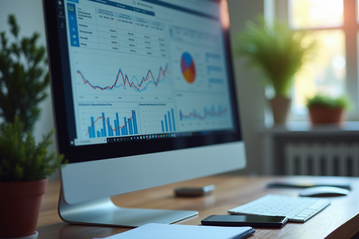 Ecran dordinateur avec tableau de bord marketing et indicateurs clés