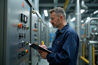 Technicien en uniforme examine un panneau de contrôle industriel