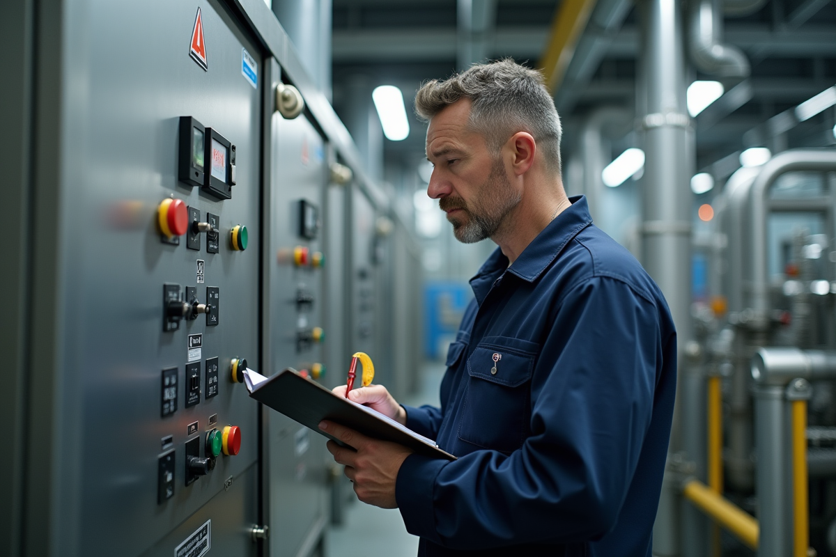 Technicien en uniforme examine un panneau de contrôle industriel