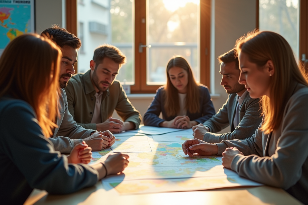 Travailleurs humanitaires collaborant autour de documents et cartes